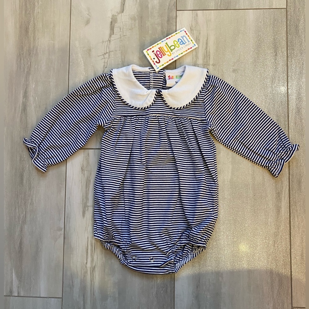 NWT JellyBean Navy Blue & White Striped Collared Lottie Bubble Romper girls 9M